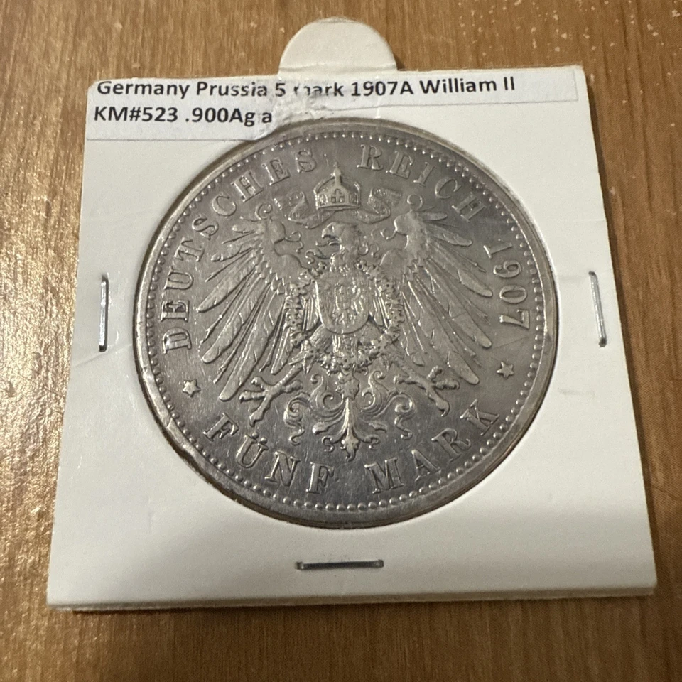 Moneda de plata 90% de 5 marcos Prusia Alemana Funf 1907-A excelente estado Foto 2 de 4