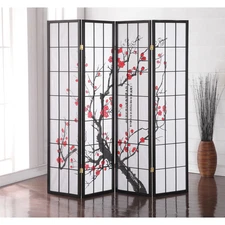 Roundhill Furniture Japanese 4-Panel Screen Room Divider, Black