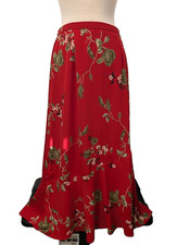 Vintage Sag Harbor Bright Red Floral Midi Skirt sz 12 Holiday Hipster Boho