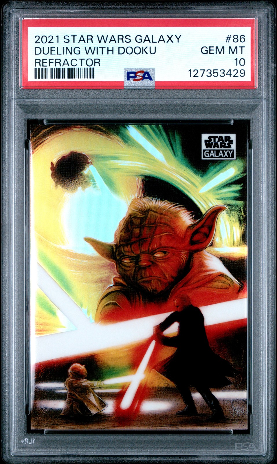 2021 TOPPS CHROME STAR WARS GALAXY REFRACTOR #86 DUELING WITH DOOKU PSA 10
