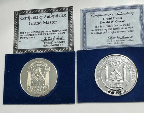 Masonic Freemason Grand Lodge Of Florida 1oz .999 Silver Rounds Set Of 2 W/COA’s