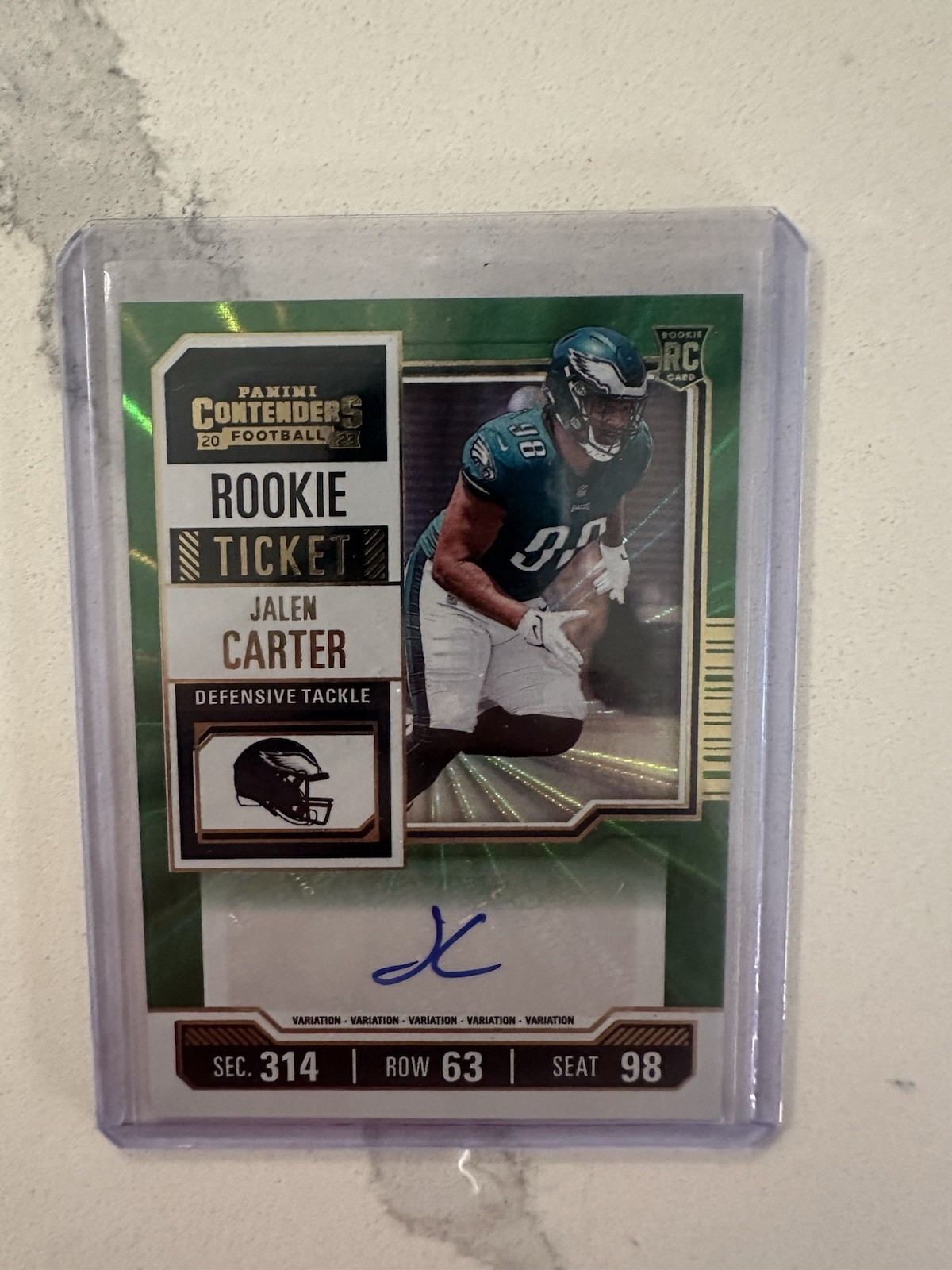 Jalen Carter 2023 Panini Contenders Rookie Ticket Auto Green Laser #114 Eagles