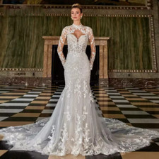Graceful Bridal Wedding Dresses High Neck Mermaid Full Sleeves Lace Appliques