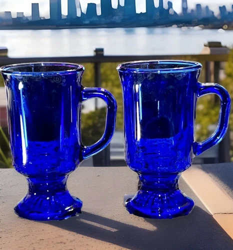 RARE VINTAGE ANCHOR HOCKING COBALT BLUE Irish Coffee Pedestal Mug 8oz Set Of 2