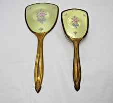 Vintage Vanity Set Brush  Mirror Gold Tone Pink Floral Design