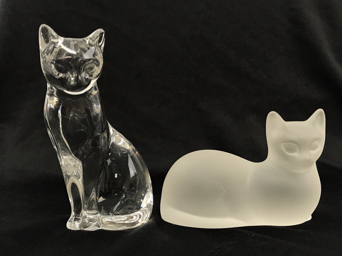 Set of 2 Lenox Crystal Cat Figurines; Clear Frosted Glass