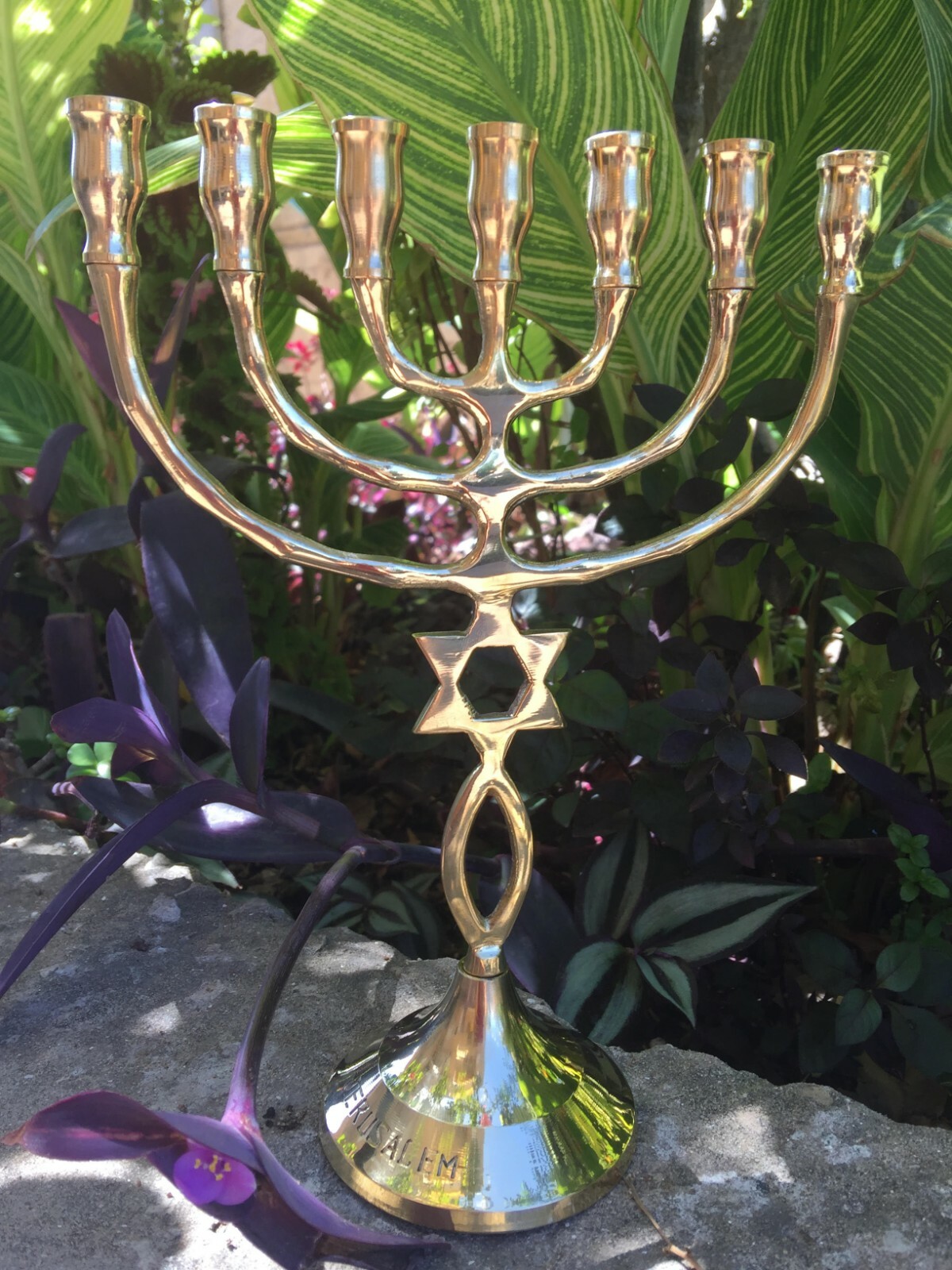 Verpfropft in messianischem Messing Kupfer Vintage Menora 8 Zoll Israel