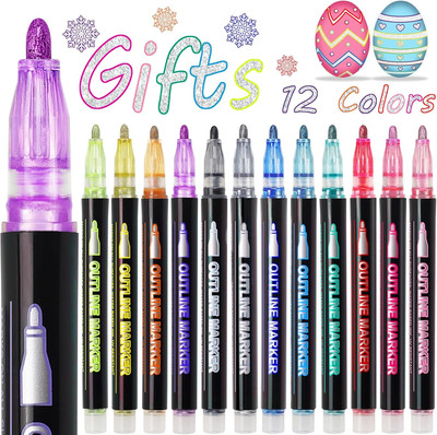 Shimmer Outline Markers Doodle Outline Pens:12 Glitter Pens Outliner Set Christm