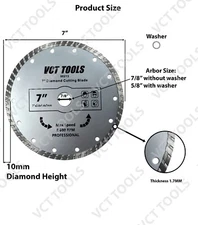7" Inch Diamond Turbo Premium Saw Blade Granite Concrete Tile Stone, 5/8"-7/8"