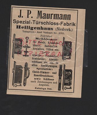 HEILIGENHAUS, Werbung 1909, J. P. Maurmann Spezial-Türschloss-Fabrik