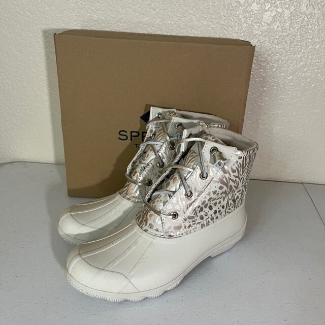 Sperry Women's Syren Gulf White Metallic Animal Print Duck Boot Snow NEW  Size