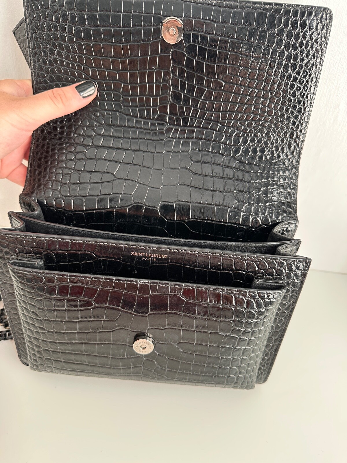 Saint Laurent YSL Borsa Tramonto Media in Croc Nero Goffrato