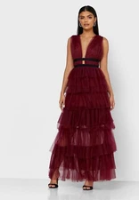 NEW NWT $265 TRUE DECADENCE "Eliza" layer tulle plunge maxi dress burgundy M