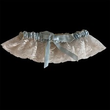 Vintage Ivory Lace with Blue Satin Wedding Bride Garter Beaded Heart Accent