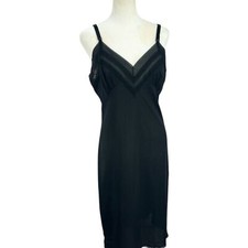 VINTAGE 1960s Satin  Sheer V-Neck Spaghetti Strap Slip Nightgown 34/S Black