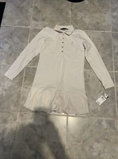 NWT Ralph Lauren Girls Dress Polo Cream Pleated Bottom Gray Logo Medium 8/10