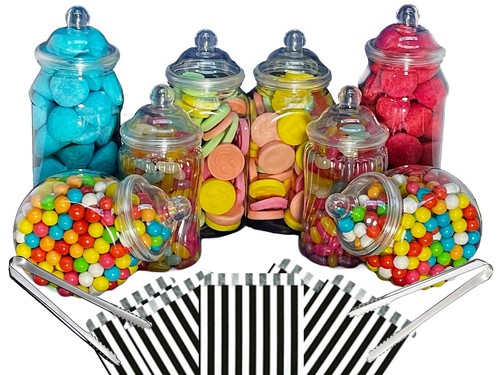8 Assorted Plastic Sweet Jars 2 Tongs 50 Bags TWO STYLES OF LID Candy Buffet - Picture 31 of 36