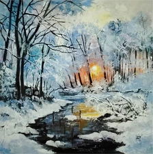 YARY DLUHOS Winter Snow Sundown Landscape Water Trees Original Art Oil Painting