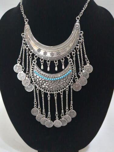 Southwestern Style Bib Necklace Faux Turquoise Dangling Strands Silver Tone - Picture 2 of 7