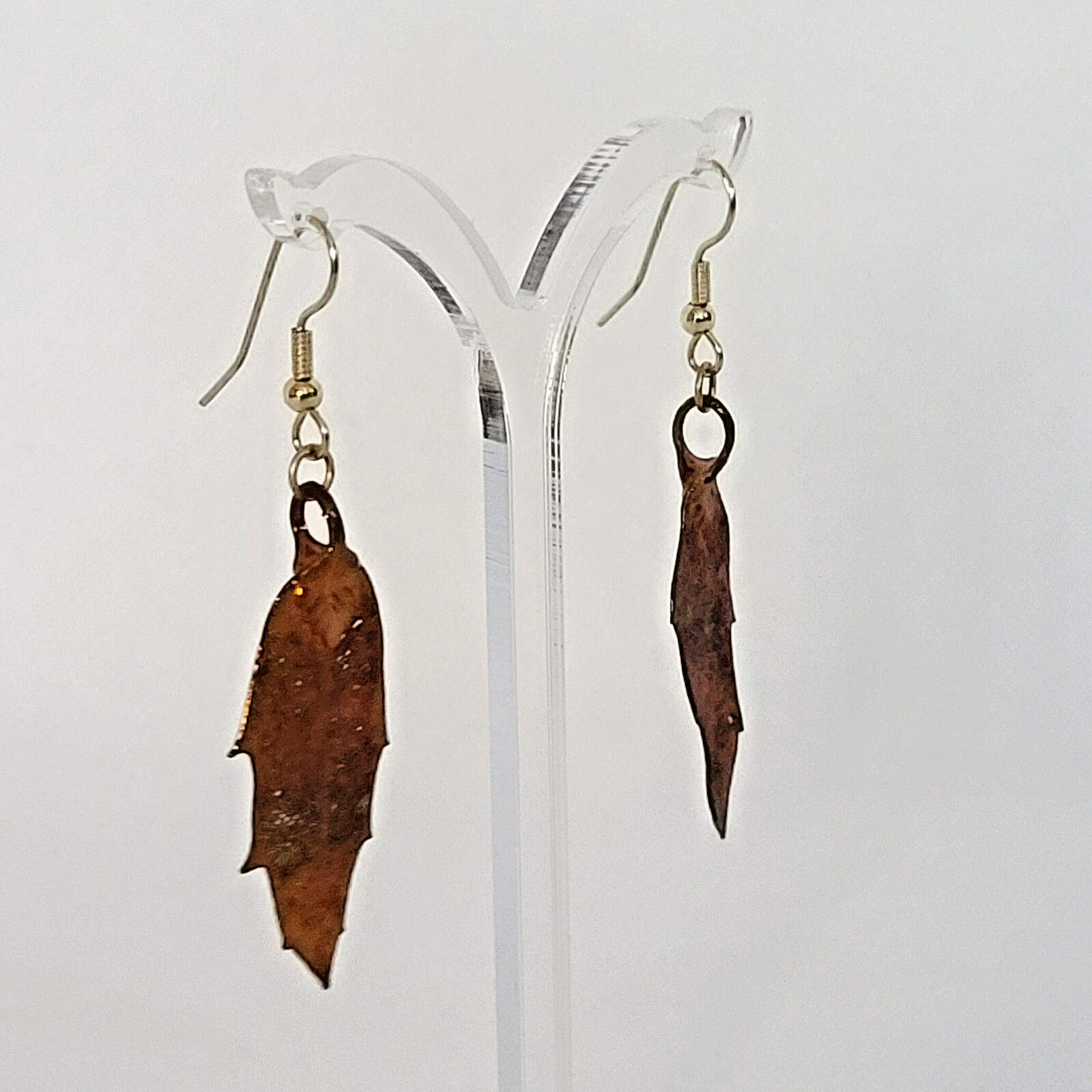 Real Skeleton Leaf Dangle Hook Earrings Gold over… - image 6