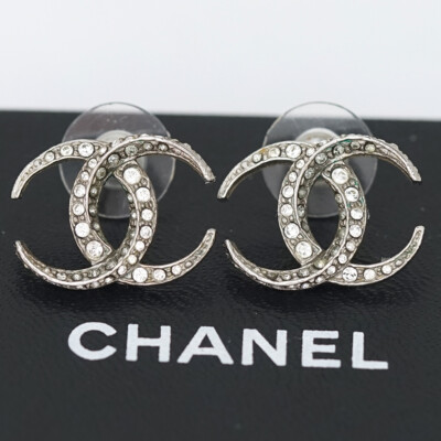 CHANEL CC Logos Rhinestone Stud Earrings Silver Tone B15C Auth w