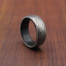 Damascus Steel Black Wood Rings Dome Promise Ring Wood Wedding Ring