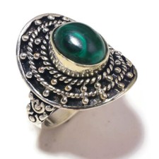 Malachite Oval Natural Gemstone Handmade Oxidized Rope Bezel Engraved Ring US-7