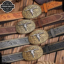 High Quality Mens Waist Strap Western Cowboy Leather Belt Buckle Vintage Grey