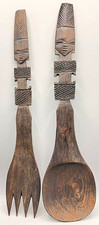 African Hand Carved Wood Fork Spoon Set 14" Tribal Wall Decor Vintage