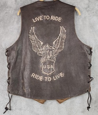Xelement Vest Mens Large Brown Leather Motorcycle Live To Ride Eagle USA