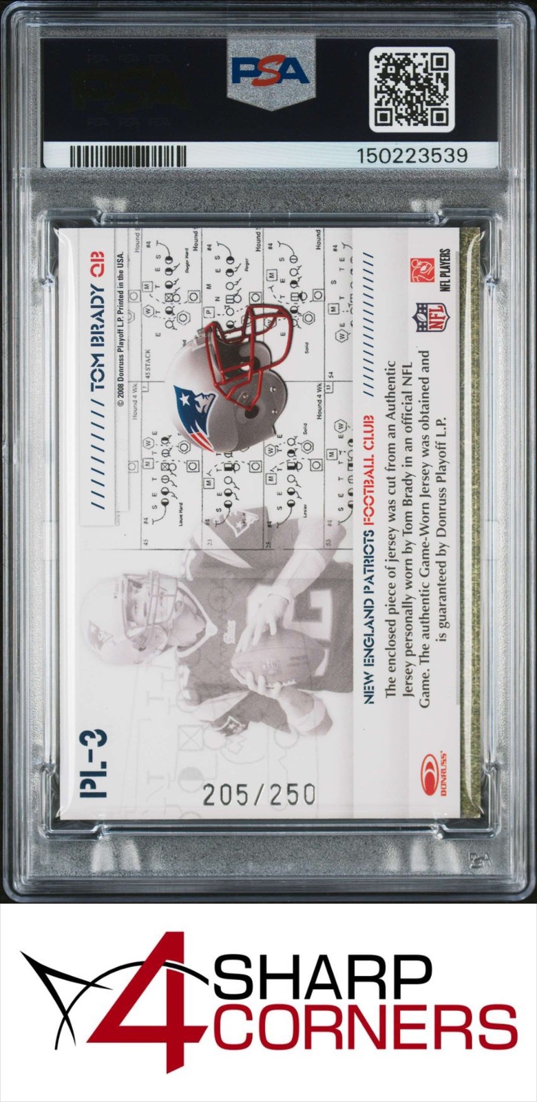 2008 DONRUSS GRIDIRON GEAR PLAYBOOK JERSEY Xs #PL-3 TOM BRADY #/250 POP 4 PSA 7 view 2