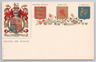 c1905 Patriotic Heraldry Postcard United We Stand Divided We Fall UK Arms 19F