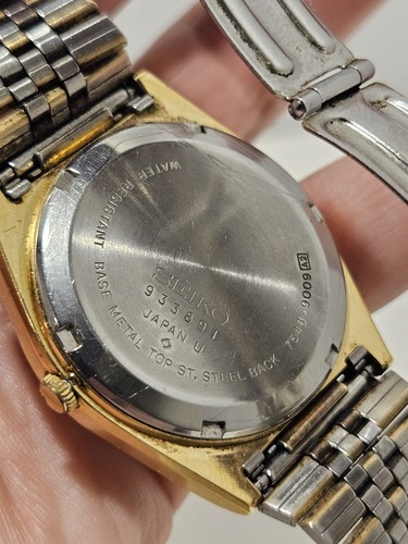 VTG Seiko SQ Watch Men 36mm Gold Dial Gold Tone Daydate Round 7546-9009 New Batt - Picture 10 of 11