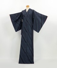 Vintage Navy Blue Striped Silk Kimono Robe Traditional Japanese Tsumugi 2606033