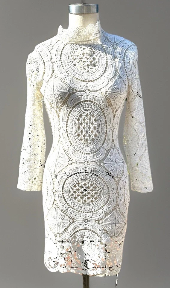 White Crochet Midi Pencil Dress Long Sleeve M/8 Geometric Bodycon Mock Neck - Image 2 of 4