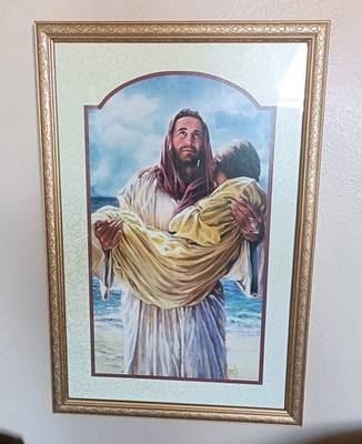 He Carries Me Jesus Home Interiors Picture Rare Religion Holy Christ EUC