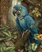 8x10 Blue Macaw perched in jungle - golden light and leaves - 349872554