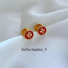 New! Tory Double Face Red & Crysta Gold Earrings with Jewelry Pouch Size:1.4*1.2