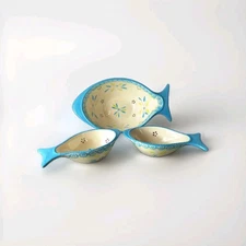 Temptations By Tara Old World Fish Serving Dishes Set Of 3 Hand Painted 