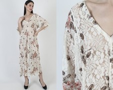Vtg 90s Off Wht Gypsy Lace Grunge Dress Sundress Floral Romantic Sheer Maxi XL