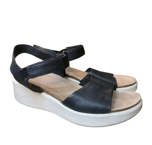 ECCO sandalo donna nero pelle ciottolata zeppa floreale sughero taglia US 10 10 5 EU 41