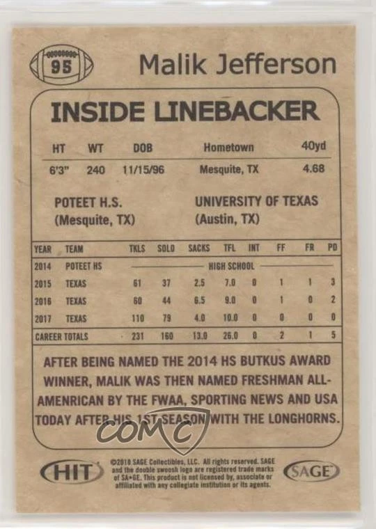 2018 Sage Hit Malik Jefferson #95 Rookie RC - Image 2 of 2