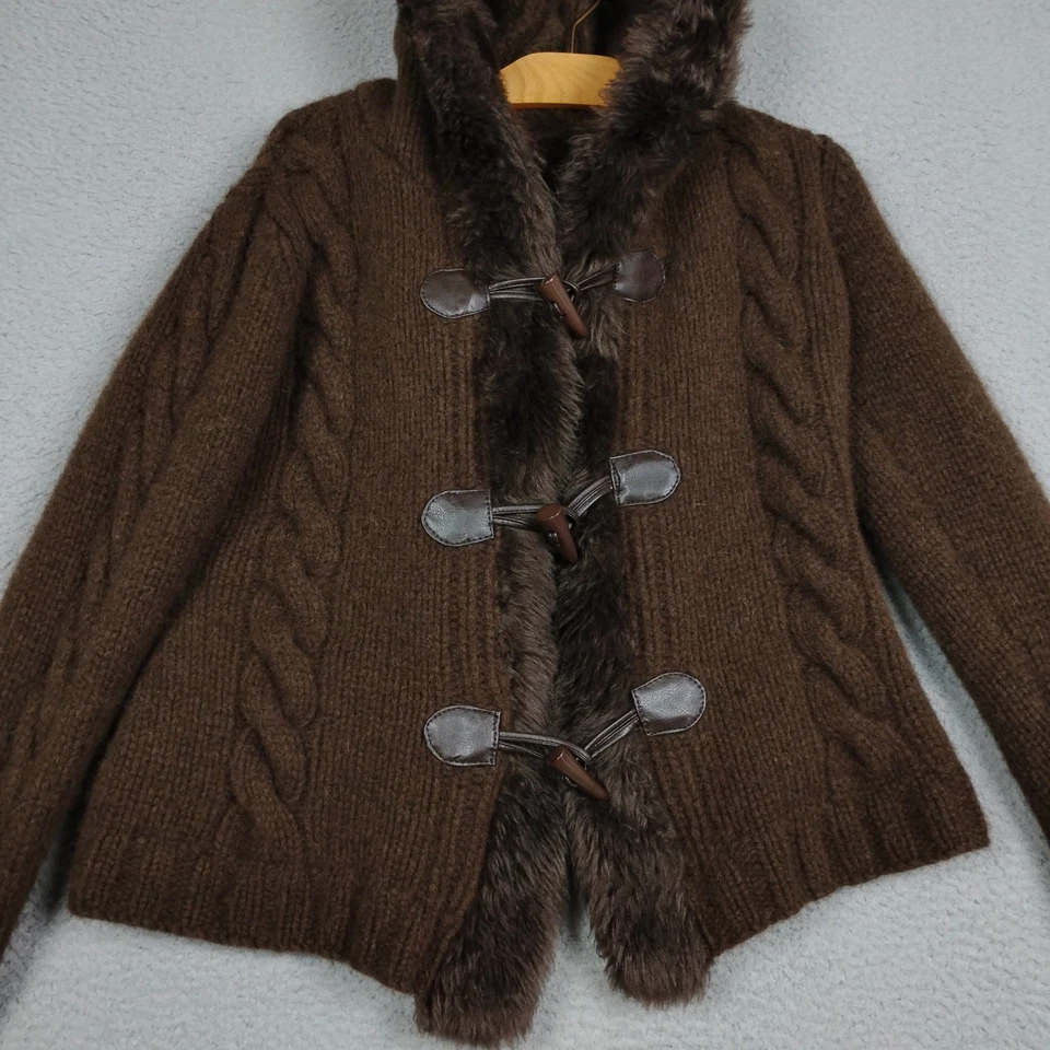 Chaqueta Montanaco para mujer S marrón con capucha tejido con cable palanca imitación piel abrigo Foto 2 de 4