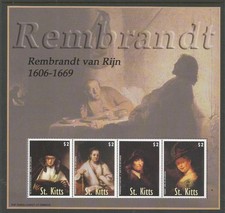 SAINT KITTS 2003 REMBRANDT PAINTINGS SHEET OF 4. MINT NEVER HINGED