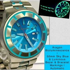 50mm Auto Sky Blue Dial | Silvertone & Luminous Bracelet & Bezel | ARAGON Watch