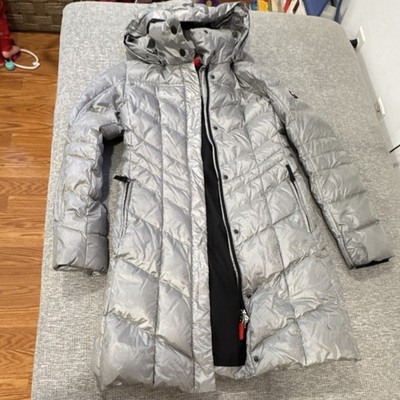 Bogner Fire + Ice Silver Hooded Quilted Long Puffer Coat XS Women's