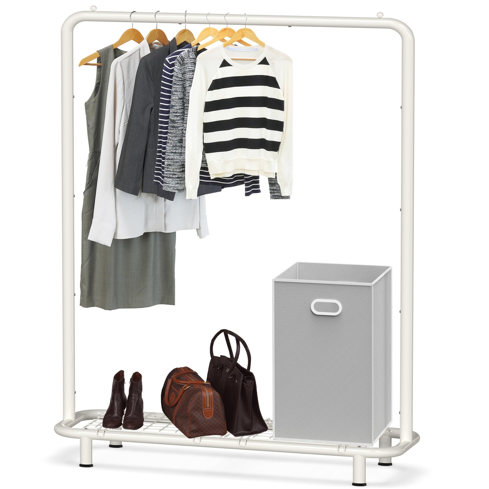 Clothing Rack with Industrial Pipe and Bottom Shelves, White