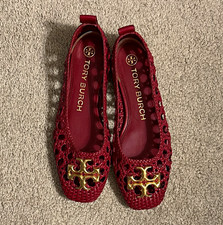 Tory Burch Red Woven Chelsea Ballet Flats Slip-On Round Toe with Logo Accent