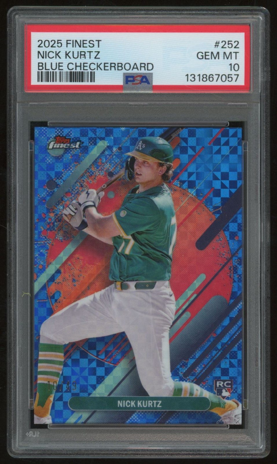 NICK KURTZ 2025 TOPPS FINEST BLUE CHECKBOARD #252 10/49 RC PSA 10
