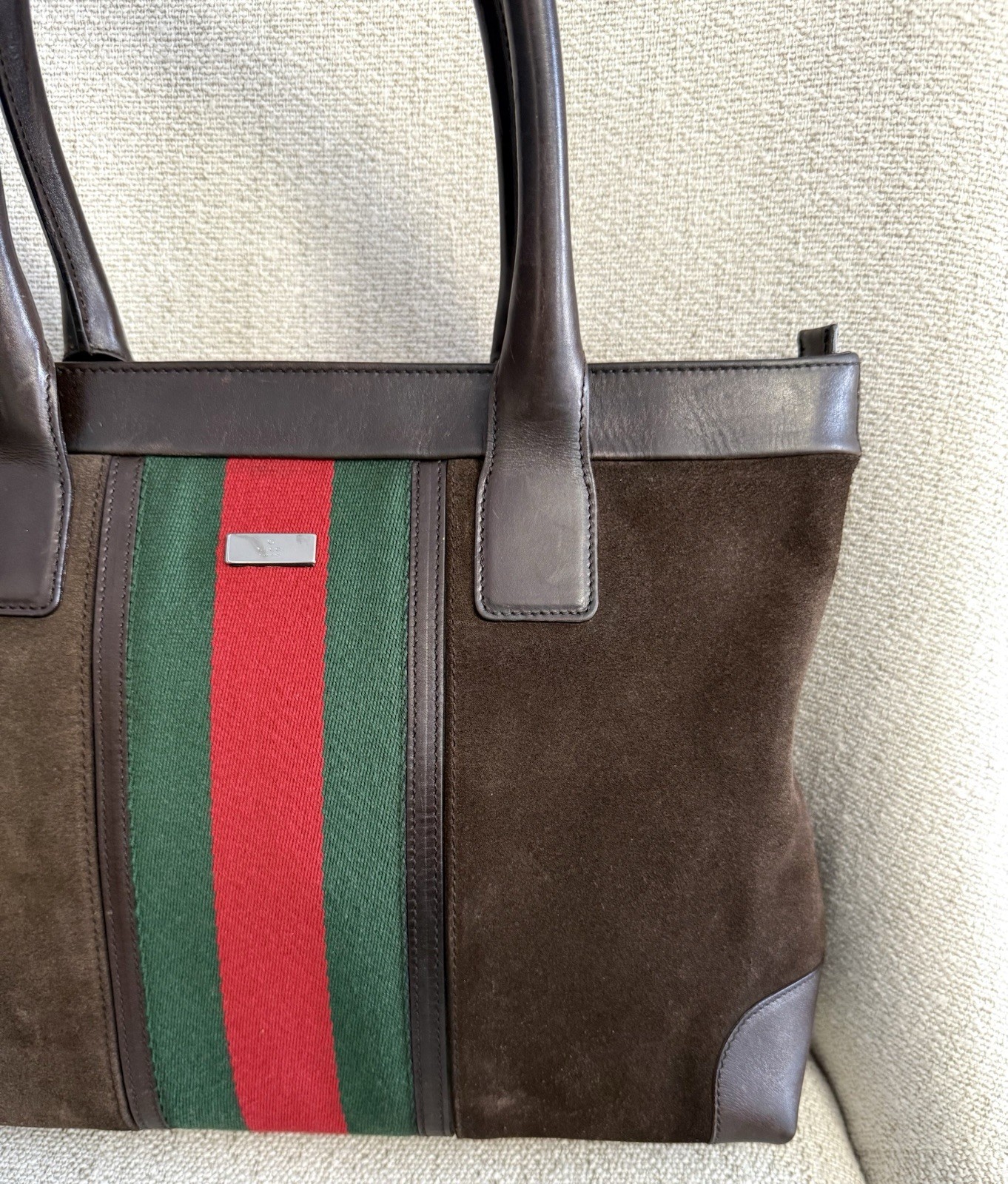 Gucci Authentic Brown Suede Medium Tote Bag Brown Leather Sherry Line Accents thumbnail 3